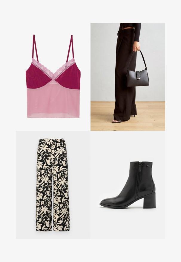 Cami-top, mille tumel ise tume roosa korpus koos läbipaistva heledate roosade võrgust põhja, kaunistatud peene roosa pitsiga kaeluse ja rihmade ääres.; Mustad laiad püksid kreemja lillemustriga. Valmistatud kergest kangast, millel on sile tekstuur ja kõrge vöökoht.; Mustad mustad saapad, valmistatud siledast nahast, külgmise tõmblukuga. Omab teravat nina ja tekstuuriga plokkninat stabiilsuse tagamiseks.; Must musta kott, millel on struktureeritud kuju, sile tekstuur ja metallist klamber. Kombineeritud laiate mustade pükstega ja avatud varvaste sandaalidega puidust põrandal.