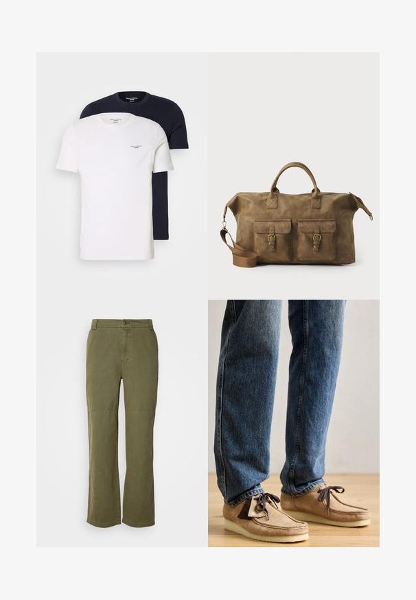 Two crew-neck t-shirts stacked; one white, one navy. Both feature short sleeves and a small "Marc O'Polo Denim" logo on the chest.; Olive green cotton pants with a straight leg design, visible button closure, and knee seam accents for added detail and structure.; Suede moccasins in tan with dark brown accent, rounded toe, and plush white sole. Features lace-up design and stitched detailing.; Brown leather duffel bag with two front pockets, adjustable shoulder strap, gold hardware, and sturdy top handles. Smooth texture.