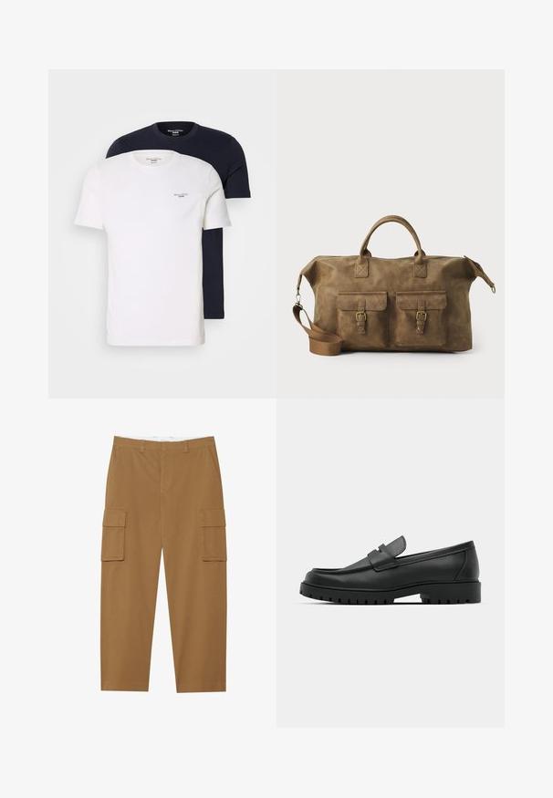 To sæt crew-neck t-shirts stablet; en hvid og en marineblå. Begge har korte ærmer og et lille "Marc O'Polo Denim" logo på brystet.; Brune cargo bukser med to sidelommer, flad front og lige ben. Fremstillet af et slidstærkt stof med en glat tekstur.; Sorte læder loafers med rund tå, der har et syet design, lav platformssål og en struktureret, skridsikker gummisål.; Brun læder duffel taske med to forlommer, justerbar skulderrem, guldfarvet hardware og robuste top håndtag. Glat tekstur.