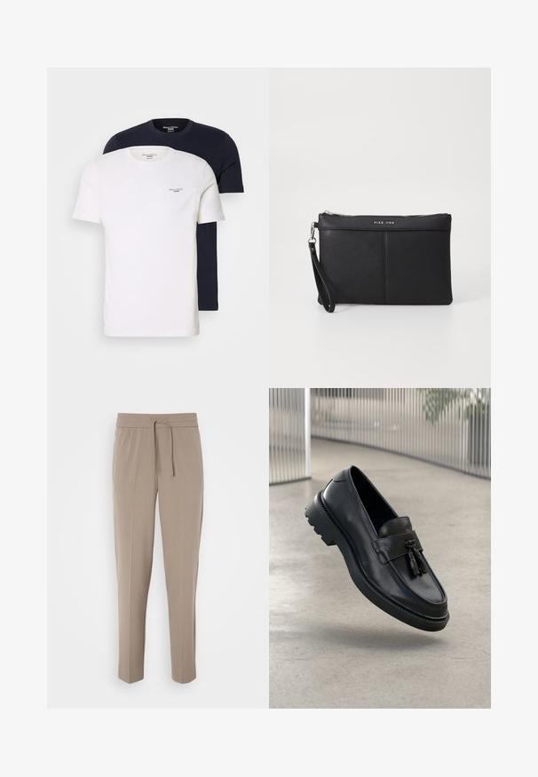 Dve majice s krojem okruglog izreza, naslagane jedna na drugu; jedna je bela, a druga mornarsko plava. Obe imaju kratke rukave i mali logo "Marc O'Polo Denim" na grudima.; Svetlo bež hlače z elastičnim pasom, nastavljivo vrvico in ozkimi nogami. Tkanina se zdi gladka z rahlim sijajem.; Črni usnjeni mokasini z gladkim zaključkom, dekorativnimi cofki, debelim gumijastim podplatom in všitimi poudarki. Lahka in elegantna zasnova.; Črna sintetična torbica s snemanjem na zadrgo, zapestno zanko in gladko teksturo. Ima diskretno šivanje in logotip vtisnjen na sprednji strani.
