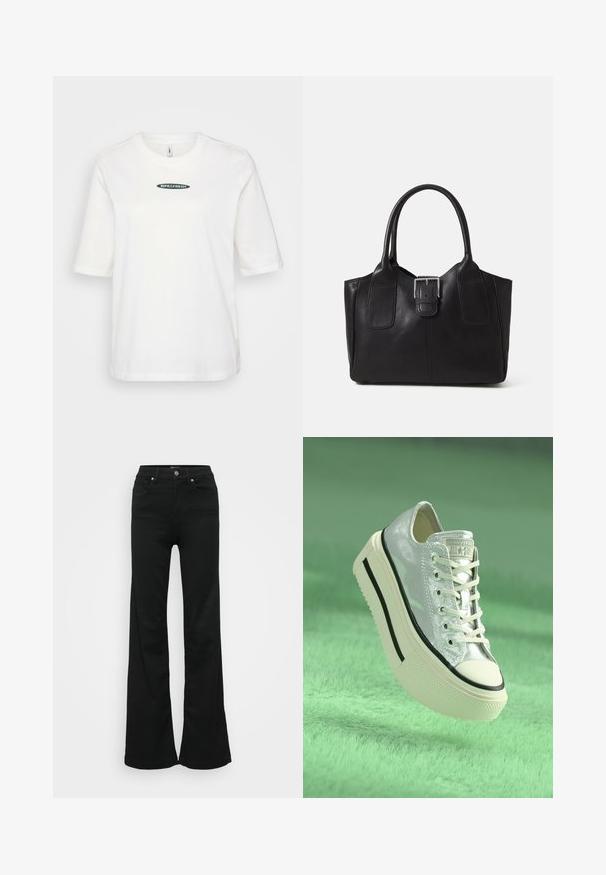 White cotton T-shirt with short sleeves, featuring a green logo "RIPE&FRESH" centered on the front, simple round neck design.; Black flared jeans made from denim, featuring a high waist, five pockets, and metal button closure. Smooth texture with minimal detailing.; Metallic silver sneaker with a platform sole, white laces, and black accents. Features a rounded toe and textured rubber outsole.; Black leather tote bag with smooth texture, structured shape, two handles, and a prominent silver buckle detail on the front.