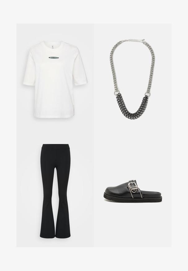 Valge puuvillane lühikeste varrukatega T-särk, mille esiküljel on keskel roheline logo "RIPE&FRESH", lihtne ümmargune kaelus.; Mustad flared püksid venivast kangast, kõrge vöökoht ja sile tekstuur. Püksid laienevad põlve kohalt.; RAID NELLIE - Tagant lahtised kingad - black; Metallist ketist kaelakee, kus vahelduvad hõbedased ja mustad lingid. Omab kolmekihilist disaini ja klambrit, millel on reguleeritav kett.