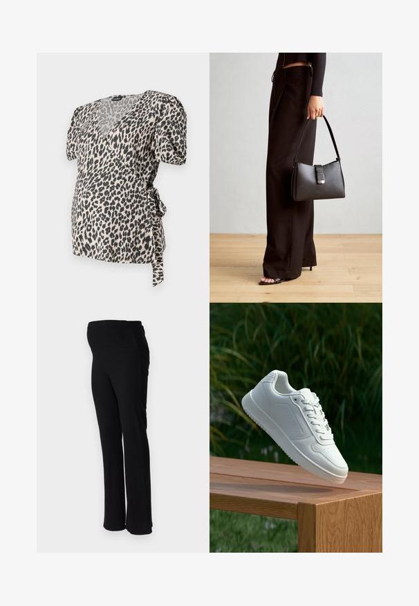 Top cruzado de estampado de leopardo con mangas cortas abullonadas, hecho de tela suave. Presenta un escote y un detalle de lazo en la cintura. Colores crema y negro.; ONLY MATERNITY OLMHALLE - Pantalones - black; Zapatilla blanca con un upper sintético suave, caja de dedos perforada, cordones planos y una suela texturizada, exhibida sobre una superficie de madera.; Bolso negro con forma estructurada, textura suave y un cierre metálico. Combinado con pantalones anchos negros y sandalias de dedo en un suelo de madera.