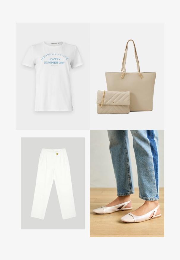 Balta medvilnė marškinėliai trumpomis rankovėmis ir apvalia iškirpte. Apatinėje dalyje yra mėlyna užrašas "NĖRA NIEKO PANAŠAUS Į ŠIĄ GRAŽIĄ VASAROS DIENĄ" su lankiniais rašmenimis.; Balti, plačių kojų kelnės, pagamintos iš sklandžios medžiagos. Žalioje kelnėje yra vienas geltonas mygtukas uždarymui ir raukšlėtas priekinis dizainas. Jokių matomų kišenių.; Šviesiai rožiniai slingback baleto bateliai su smailiu pirštu, pagaminti iš lygios odai panašios medžiagos. Yra išpjovimų detalės šonuose ir plokščias kulnas.; Kreminės spalvos rankinė su plokščiais rankenėlėmis, lygiu paviršiumi ir auksinėmis detalėmis, derinama su atitinkama siuvinėta rankine su grandinėlės dirželiu.