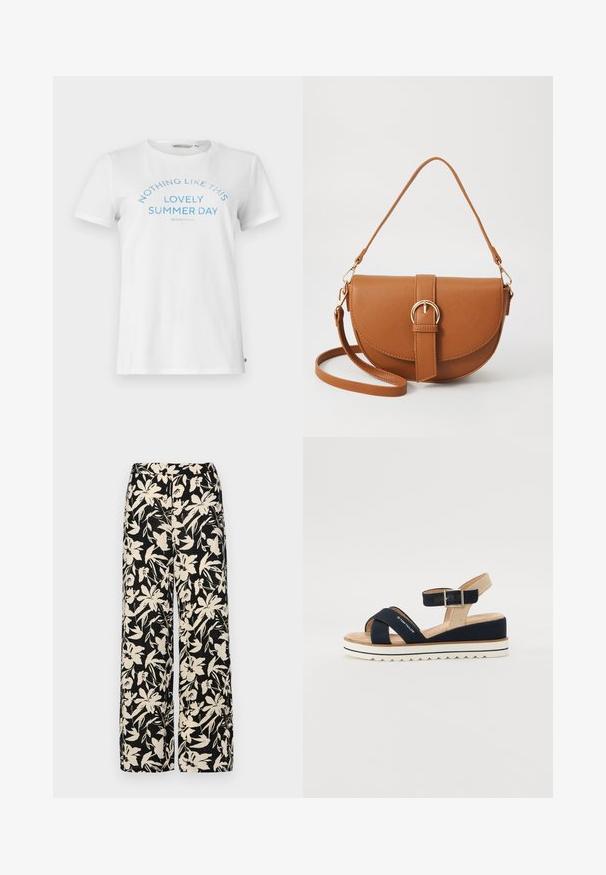 T-shirt branca de algodão com mangas curtas e gola redonda. Apresenta texto azul com a inscrição "NADA COMO ESTE LINDO DIA DE VERÃO" em um design arqueado.; Calças largas pretas com um padrão floral creme. Feitas de um tecido leve, apresentando uma textura suave e uma cintura alta.; Sandal blue marinho com duas tiras de tecido, tira ajustável no tornozelo e parte traseira texturizada em bege. Sola grossa, branca e em forma de onda. Marca impressa na tira.; Bolsa transversal de couro castanho com um formato curvado, ferragens douradas e um detalhe de fivela. Inclui uma alça de ombro destacável.