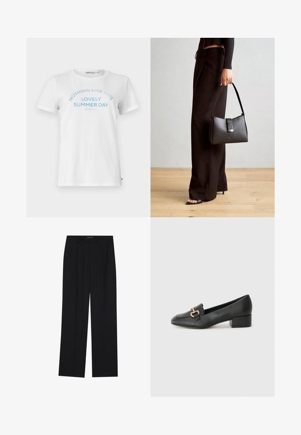 Bílý bavlněný tričko s krátkým rukávem a kulatým výstřihem. Má modrý nápis "NIC JAKO TENTO PŘÍJEMNÝ LETNÍ DEN" v zakřiveném designu.; Černé kalhoty se střihem rovného nohavice, které mají dvě přední kapsy a pas. Vyrobené z hladkého, lehkého materiálu.; Černé kožené loferské boty s plochým podpatkem, zdobené zlatým kovovým detailem na přední straně a hladkým povrchem.; Černá kabelka se strukturovaným tvarem, hladkým povrchem a kovovým uzávěrem. Kombinována s širokými černými kalhotami a sandály s otevřenou špičkou na dřevěné podlaze.