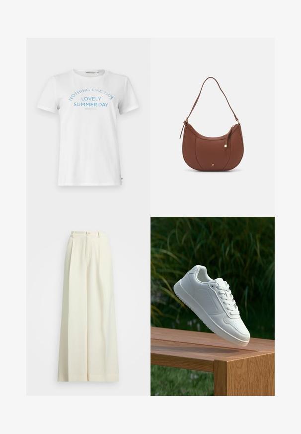 Tricou alb din bumbac, cu mâneci scurte și gât rotund. Prezintă text albastru care spune „NU EXISTĂ NIMIC CA ACEASTĂ ZI ÎNCÂNTĂTOARE DE VARĂ” într-un design arcuit.; Pantaloni evazați din țesătură albă, cu talie înaltă, pliseuri duble și închidere cu nasture. Textură netedă și design croit.; Sneaker alb cu un upper sintetic neted, cu vârf perforat, șireturi plate și o talpă texturată, expus pe o suprafață de lemn.; Geantă de umăr din piele ecologică maro, cu o formă curbată, cusături minime și un accent din metal auriu. Are un închidere cu fermoar în partea de sus și o curea ajustabilă.