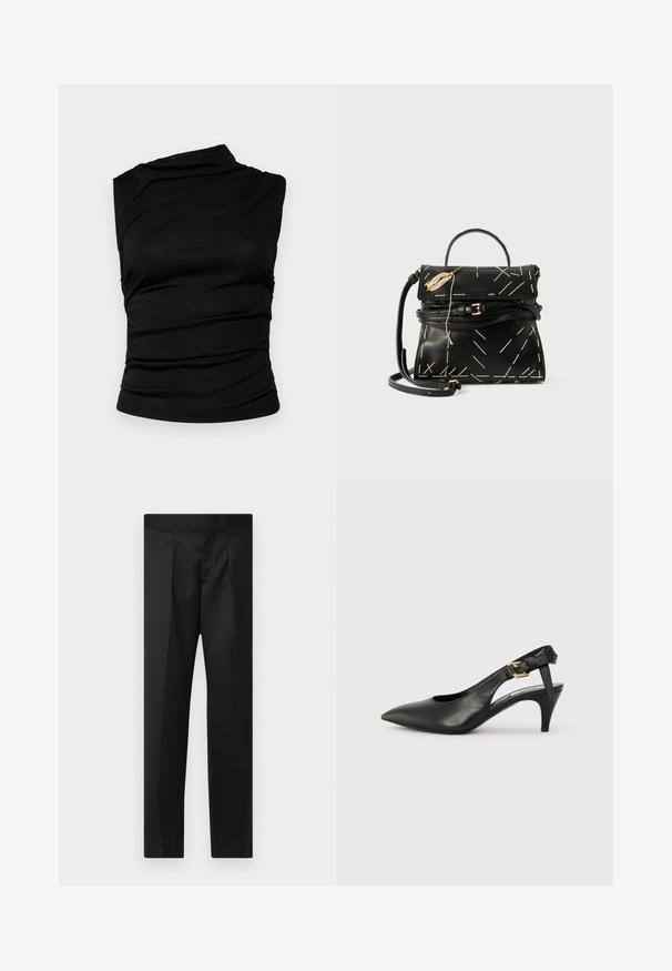 Juodas be rankovių viršus su asimetriniu iškirpimu, pasižymintis susiraukšlėta medžiaga, suteikiančia tekstūrą ir pritaikyta silueto forma. Lygus, elastingas audinys.; Juodos kelnės su lygiu audiniu, pritaikytu dizainu, tiesiomis kojomis ir plokščiu juosmeniu be matomų užsegimų ar kišenių.; Juodas odinis slingback kelnaitė su smailiu pirštu, mažu kulnu ir sagtimi ant kulkšnies dirželio. Lygus paviršius, minimalus dizainas.; Juodas odinis rankinė su geometrinėmis baltomis siūlėmis, viršutiniu rankenėle ir nuimamu peties diržu. Savybės - auksiniai akcentai ir užtrauktukas.