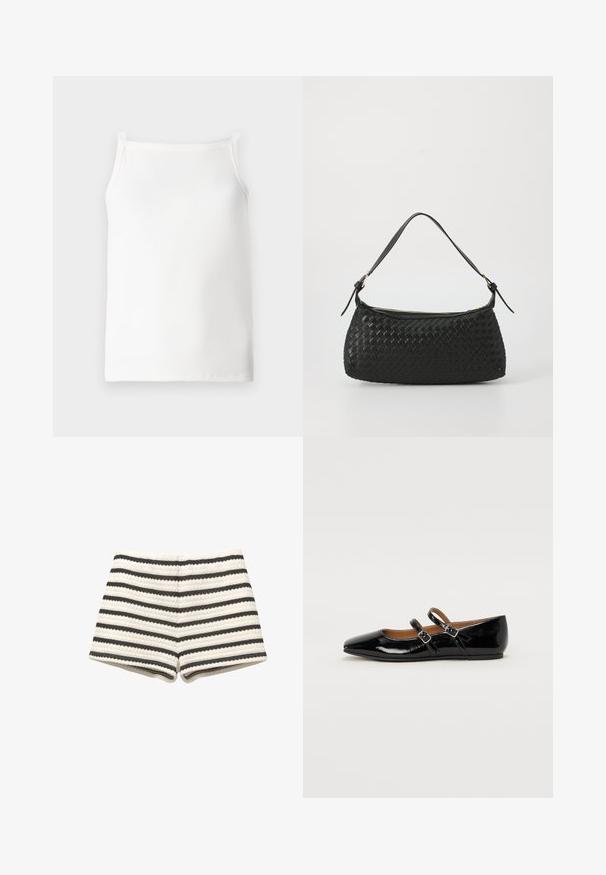 White ribbed tank top with slim straps, featuring a fitted design and a soft texture. Clean edges and minimal detailing.; Striped shorts in light beige and dark gray, featuring a textured weave and a fitted design. Trimmed at the hem with matching fabric.; Black patent leather flat shoe with a pointed toe, two buckled straps across the vamp, and a low, rounded heel.; Black woven shoulder bag with a smooth leather strap and zipper closure. Features a textured surface and curved shape.