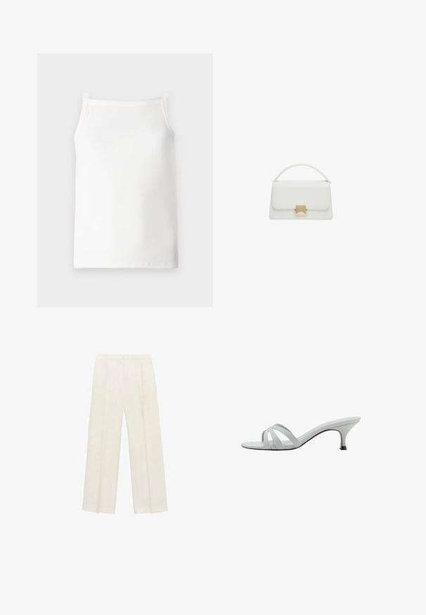 Weißes geripptes Tanktop mit schmalen Trägern, das ein tailliertes Design und eine weiche Textur aufweist. Saubere Kanten und minimale Details.; Weit geschnittene Hosen in einem hellen cremefarbenen Farbton. Hergestellt aus einem glatten Stoff mit Falten an der Vorderseite und seitlichen Taschen.; Hellgraue Absätze mit drei überkreuzten Riemen, schlankem Profil und spitz zulaufendem Absatz. Glatte Textur mit leicht glänzendem Finish.; Weiße Lederhandtasche mit strukturiertem Design, ausgestattet mit einem oberen Griff und einem goldfarbenen Verschluss. Glatte Textur und minimalistische Akzente.