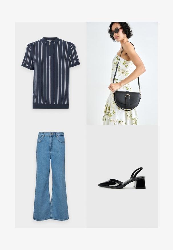 Tengerészeti, rövid ujjú kötött póló, függőleges fehér csíkokkal, cipzáras gallérral és bordás aljjal.; Világoskék, trapézszárú farmernadrág, magas derékkal, öt zsebbel és egy gombos záródással. Puha tapintású, magasított effektusú anyag.; Fekete lakk bőr szandálkés magas sarkú cipő, hegyes orral és geometrikus tömbsarkakkal. Karcsú, minimalista dizájn és sima textúra jellemzi.; Fekete bőrtáska ívelt formával, levehető pánttal és arany színű fémrészekkel. A táskán egy csattal díszített fedél található.