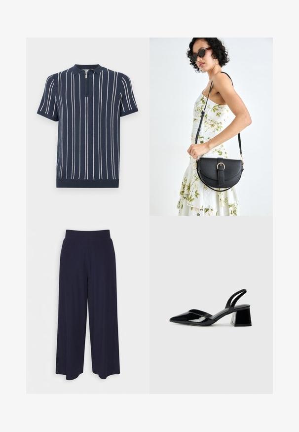 Polo de malha azul-marinho com mangas curtas, apresentando riscas brancas verticais, colarinho com fecho éclair e bainha canelada.; Calças largas em tecido azul-marinho escuro com uma textura ribada. Apresenta uma cintura suave e uma silhueta fluida, atingindo o comprimento até metade da panturrilha.; Sandy em verniz preto com salto slingback, ponta afilada e salto geométrico. Apresenta um design elegante e minimalista com textura suave.; Bolsa de couro preta com forma curva, alça destacável e detalhes em dourado. A bolsa possui uma aba com detalhe de fivela.