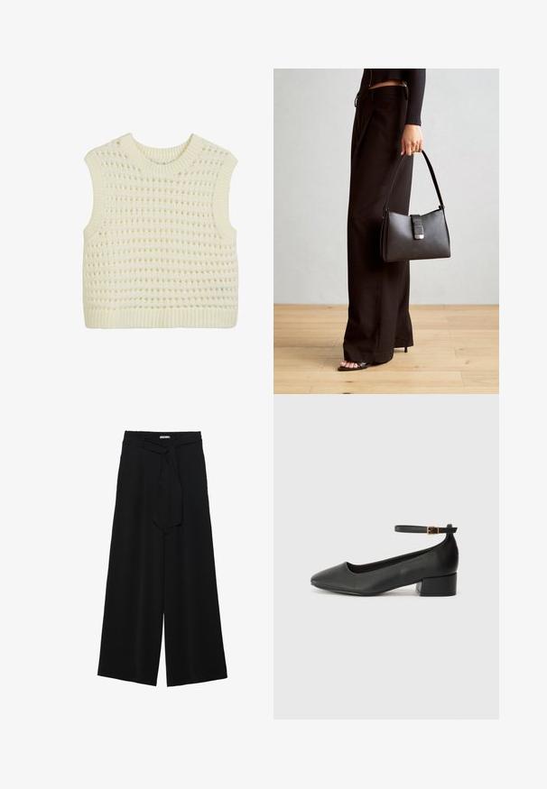 Canotta senza maniche in crema, caratterizzata da un motivo a maglia aperta testurizzata e orlo e colletto a costine.; Pantaloni neri a gamba larga caratterizzati da un tessuto testurizzato, una vita elastica e una cintura staccabile per una vestibilità regolabile.; Pump in pelle nera con punta affusolata e tacco basso a blocco. Presenta una cinghia alla caviglia con una fibbia in tonalità oro. Texture liscia.; Borsa nera con forma strutturata, texture liscia e una chiusura metallica. Abbinata a pantaloni neri larghi e sandali open-toe su un pavimento in legno.