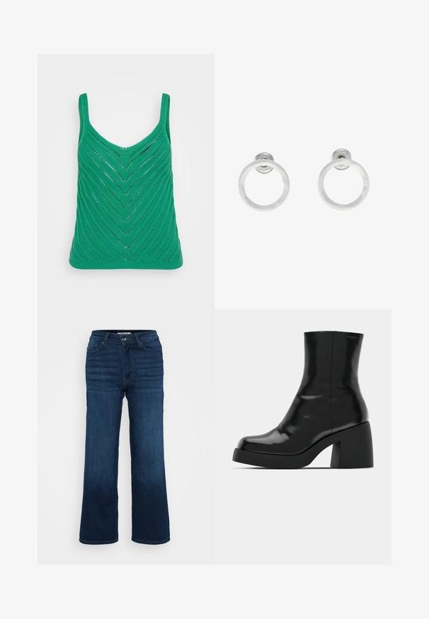 Žalias megztas topas su zigzago raštu, turintis plačias petnešas ir apvalią iškirptę. Lengvas, tekstūruotas audinys su atvira megztiem sekcijomis.; ONLY Petite ONLMADISON BLUSH WIDE - Platėjantys džinsai - dark blue denim; Juodi kulkšniniai batai su blizgiu paviršiumi, kvadratiniu pirštu ir storu blokiniu kulnu. Dizainas pasižymi be siūlių siluetu ir minimalia ženklinimo. ; Sidabriniai metaliniai auskarai žiedų pavidalu su šveitimo tekstūra, turintys apvalų dizainą ir skaidrų laikiklį saugiam dėvėjimui.
