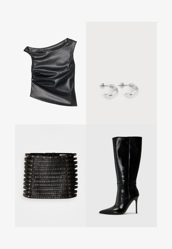 Zwarte, asymmetrische top gemaakt van glad faux leer. Kenmerkt zich door een gedrapeerd ontwerp en subtiele glans, met een ronde halslijn en gelaagde textuur.; Zwarte leren minirok met horizontale riemdetails en zilveren studs langs de bovenrand en verticale zijden.; Zwarte leren kniehoge laarzen met een spitse neus en hoge stiletto hak. Soepele textuur en strak ontwerp, met minimale detailing.; Zilveren creolen met een gladde, gepolijste afwerking. Ronde vorm met een licht gebogen ontwerp en versmolten randen. Met pin sluiting.