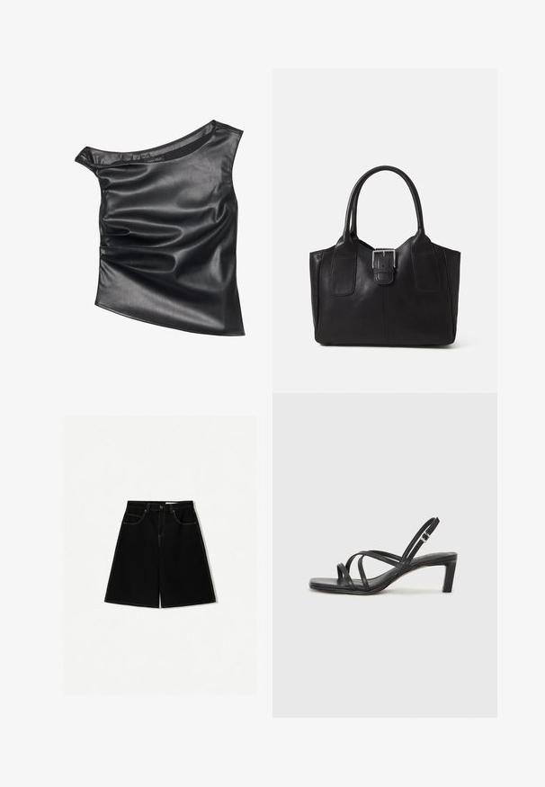 Top nero asimmetrico realizzato in morbida ecopelle. Presenta un design drappeggiato e una leggera lucentezza, con scollatura rotonda e texture stratificata.; Pantaloni shorts di denim neri con vestibilità ampia, dotati di cinque tasche, dettagli di cucitura gialla e design a vita media.; Sandalo nero con cinturini, dalla punta squadrata e tacco basso a blocco. Presenta diversi cinturini sottili e una cinturini regolabile alla caviglia. Realizzato in pelle liscia.; Borsa tote in pelle nera con texture liscia, forma strutturata, due manici e un evidente dettaglio in fibbia argentata sul davanti.