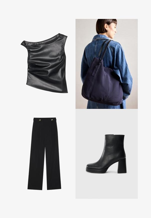 Svart, asymmetrisk topp i mjukt konstläder. Har en draperad design och subtil lyster, med rundad halsringning och lager på lager-textur.; Svarta vida byxor med hög midja, knäppdetaljer i midjan och framfickor.; Svart läderankelboot med blockklack och platåsula, sedd från sidan på en enkel vit bakgrund.; Marinblå kanvas axelväska med en mjuk, strukturerad form, med en svart rem, stickade detaljer och en liten varumärkeslapp.
