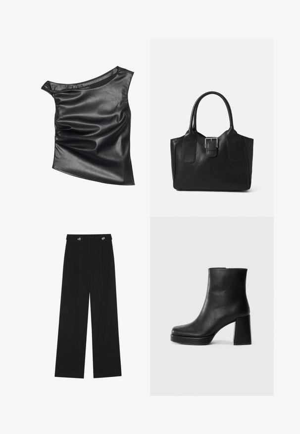 Sort, asymmetrisk top lavet af glat kunstlæder. Har et draperet design og subtil glans, med en rund halsudskæring og lagdelt tekstur.; Sorte vide bukser med høj talje, knapdetaljer på taljebåndet og frontfald.; Sort læder ankelstøvle med blokhæl og platformssål, set fra siden på en ensfarvet hvid baggrund.; Sort læder tote taske med glat tekstur, struktureret form, to håndtag og en fremtrædende sølvspænde detalje på forsiden.