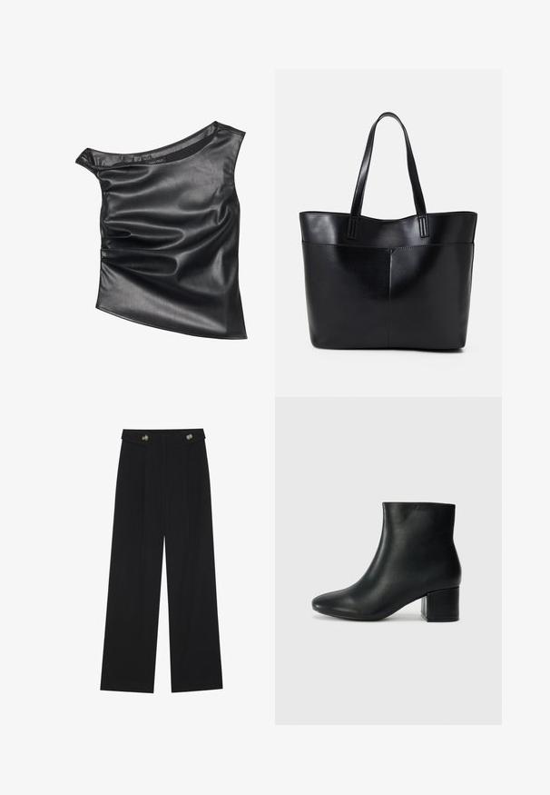Black, asymmetrical top made of smooth faux leather. Features a draped design and subtle sheen, with a rounded neckline and layered texture.; Black wide-leg trousers with high waist, button details on waistband, and front pleats.; Black leather ankle boots with a pointed toe and a chunky heel. Smooth texture with minimal accents and a sleek, fitted design.; Black leather tote bag with two long handles, a smooth texture, and a structured shape. Features a front pocket for additional storage.