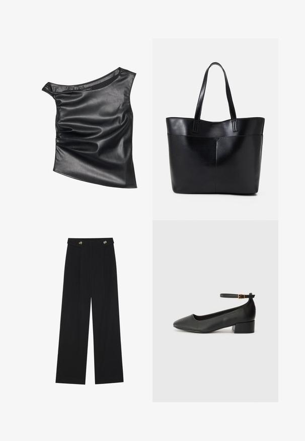 Zwarte, asymmetrische top gemaakt van glad faux leer. Kenmerkt zich door een gedrapeerd ontwerp en subtiele glans, met een ronde halslijn en gelaagde textuur.; Zwarte wijde broek met hoge taille, knoopdetails op de tailleband en plooien aan de voorkant.; Zwarte leren pump met een spitse neus en een lage blokhak. Beschikt over een enkelband met een goudkleurige gespsluiting. Gladde textuur.; Zwarte leren tote bag met twee lange handvatten, een zachte textuur en een gestructureerde vorm. Voorzien van een voorvak voor extra opslagruimte.