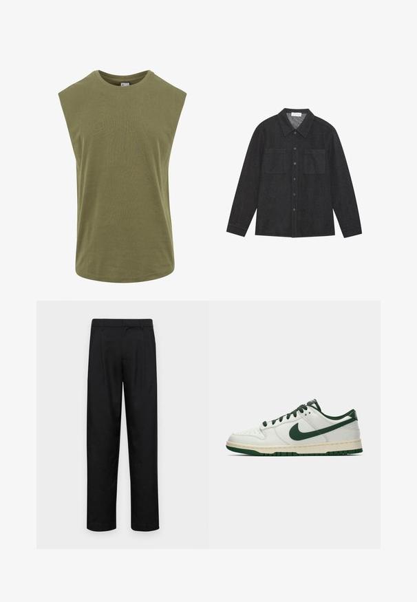 Mouwloze olijfgroene t-shirt van zacht katoen, met een ronde halslijn en een losse, relaxte pasvorm met een gladde, uniforme textuur.; Donkergrijze shirt van gestructureerde stof, met een puntige kraag, knoopsluiting aan de voorkant en twee borstzakken. Lange mouwen met knoopmanchetten.; Zwarte broeken van gladde stof, met een recht model, twee voorknikken en een standaard tailleband met riemlussen.; Witte lage sneakers met een donkergroene Nike swoosh, veters en accentkleuren op de zool, weergegeven in profiel op een effen witte achtergrond.