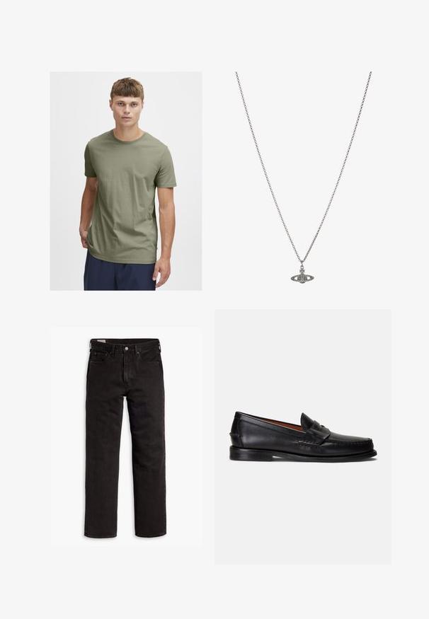 Olive green cotton t-shirt with a crew neckline and short sleeves; lightweight, smooth texture; no patterns or visible hardware details.; Black straight-leg denim jeans with five pockets, button closure, and belt loops, laid flat on a white background.; Black leather loafers with a smooth finish, rounded toe, and a decorative band across the upper. Features a low black sole.; Silver chain necklace featuring a detailed pendant in the shape of a planet, adorned with small accents and intricate patterns.