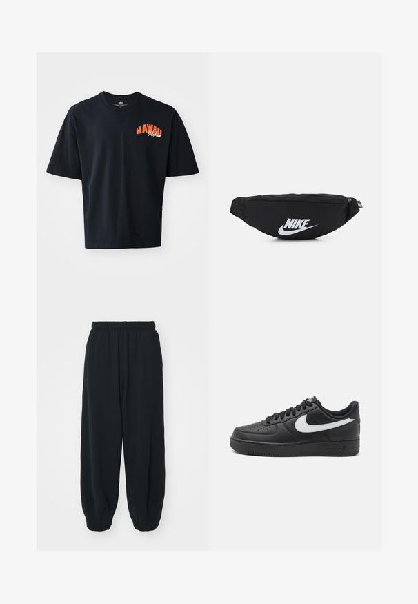 Svart bomullströja med korta ärmar och rund hals. Har orange text "HAWAII Aloha" på bröstet. Enkel, löst sittande design.; Svarta, elastiska sweatpants med lös passform, mudd vid anklarna, slät textur och utan synliga mönster eller detaljer i metall.; Svarta Nike Air Force 1-sneakers med en slät läderövre del, vit logotypdetalj, perforerad tå och strukturerad gummisula.; Svart nylon midjeväska med dragkedjestängning, med en stor vit Nike-logotyp. Slät textur och ergonomisk design för bekväm användning.