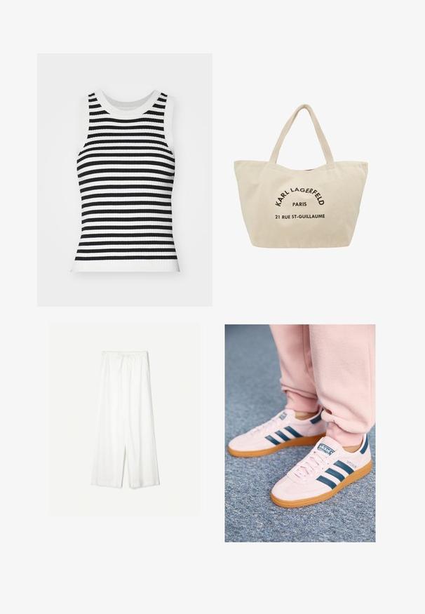 Geribbelde gebreide mouwloze top met zwart-witte horizontale strepen, ronde halslijn en een getailleerde pasvorm.; Witte wijde broek met een trekkoord in de taille, weergegeven tegen een effen achtergrond, wat de ontspannen stijl en de textuur van de stof benadrukt.; Lichtroze suede sneakers met donkerblauwe leren strepen en een gumzool. Kenmerken zijn platte veters en branding aan de zijkant en op de tong.; Beige canvas tas met logo tekst in het zwart. Voorzien van twee handvatten en een ruim ontwerp met een contrasterende rode binnenkant.