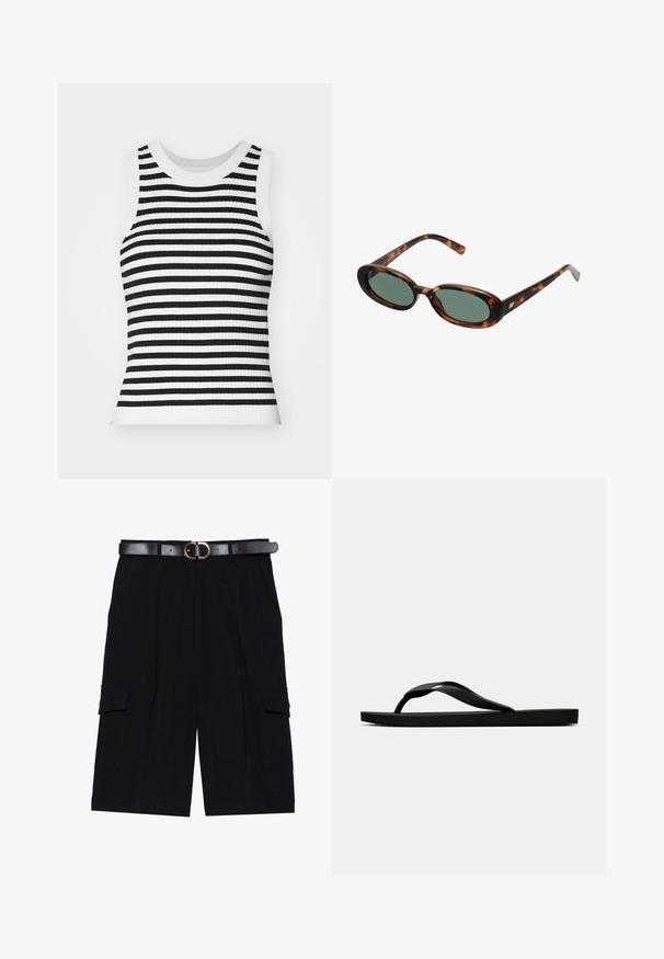 Žebrovaný pletený bezrukávový top s černobílými horizontálními pruhy, kulatým výstřihem a přiléhavým střihem.; Černé cargo šortky vyrobené z lehké tkaniny, s rovný střih, bočními kapsami a hnědým koženým páskem se stříbrnou sponou.; Černé gumové žabky s texturovaným páskem a jednoduchou plochou podrážkou, zobrazené z boku na světlém pozadí.; Sluneční brýle ve hmotě želvoviny s oválnými obroučkami a zelenými čočkami. Mají tenké stranice s metalickým akcentem u závěsů.