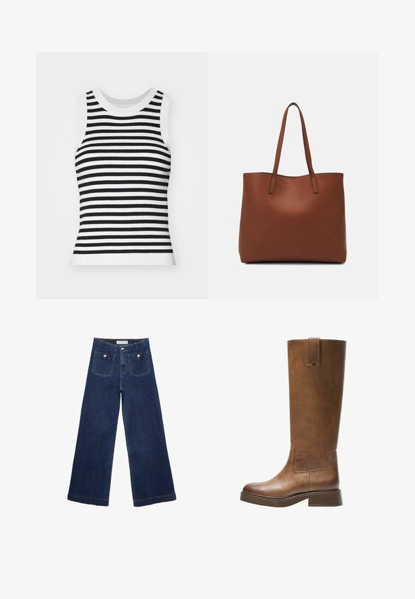 Prążkowany, bezrękawnik z czarno-białymi poziomymi paskami, okrągłym dekoltem i dopasowanym krojem.; Ciemnoniebieskie jeansy typu wide-leg wykonane z denimu, z dwoma przednimi kieszeniami z dekoracyjnymi guzikami i prostym wykończeniem nogawek.; Brązowe skórzane wysokie buty do kolan z okrągłym noskiem, teksturowaną powierzchnią i niskim piętrem o warstwowej budowie. Posiadają boczną wstawkę oraz pętelkę na górze.; Brązowa skórzana torba tote o gładkiej fakturze, z otwartym wierzchem i dwoma ramiączkami. Charakteryzuje się minimalnym przeszyciem i brakiem widocznych elementów metalowych.