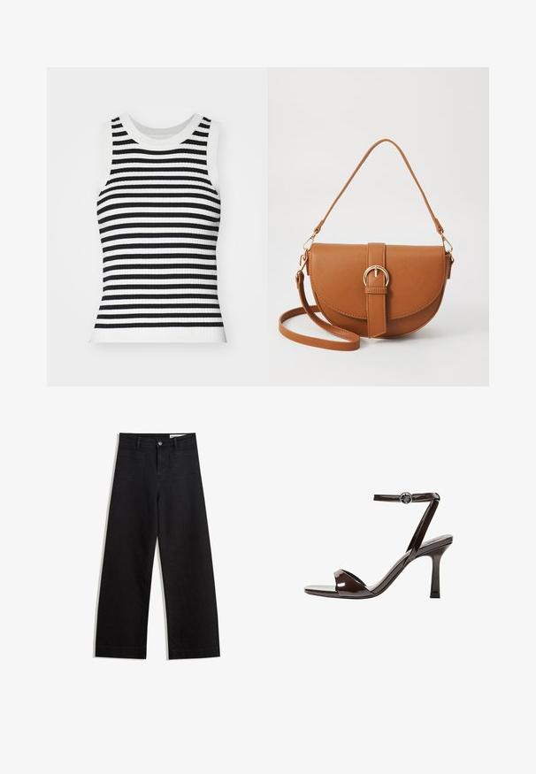 Rebrasta pletena majica bez rukava s crno-bijelim horizontalnim prugama, okruglim izrezom i uskim siluetom.; Crne široke traperice s visokim strukom, s prednjim i stražnjim džepovima, šivenim šavovima i kopčanjem na gumb. Glatka tekstura.; Smeđi lakirani kožni sandali s visokim potpeticama, remenom oko članka, otvorenim prstima i elegantnim, minimalističkim dizajnom. Imaju kvadratnu potpeticu.; Smeđa kožna torba preko tijela s zakrivljenim oblikom, zlatnim metalnim detaljima i naglaskom na kopču. Ima odvojivu naramenicu.