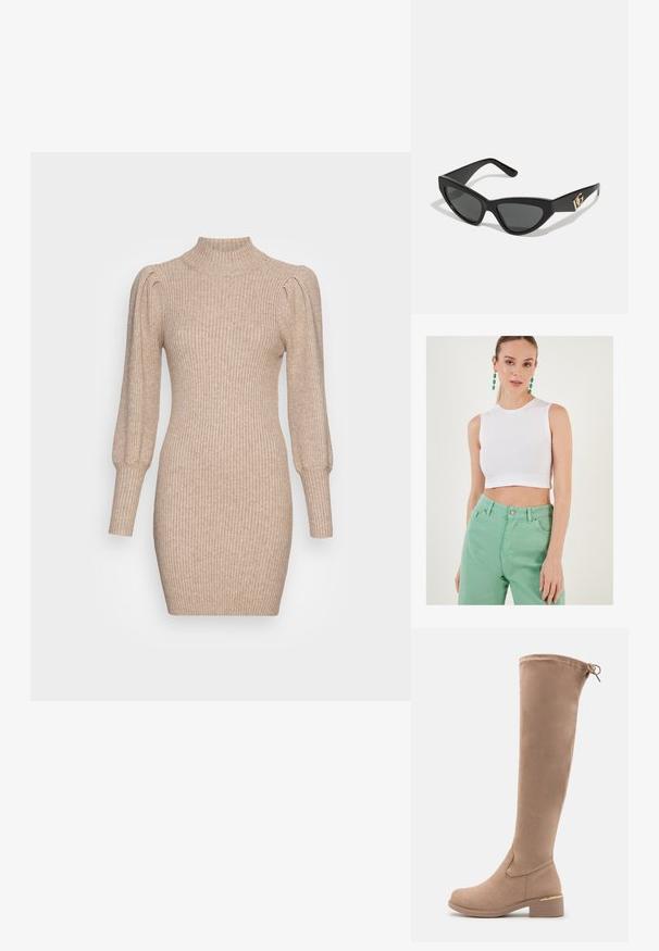 Biały krótki top bez rękawów wykonany z bawełny, połączony z jasnoniebieskimi jeansami z wysokim stanem. Ubranie charakteryzuje się prostym wzornictwem i gładką fakturą.; Beżowa sukienka dzianinowa z prążkowanym teksturem, wysokim dekoltem i puffowanymi rękawami. Dopasowany krój z krótkim hemline'em.; Knee-high beżowe zamszowe botki z zaokrąglonym noskiem, słupkowym obcasem i subtelnym złotym akcentem na obcasie. Gładka tekstura z dopasowanym fasonem.; Okulary przeciwsłoneczne w kształcie kocich oczu z matową czarną oprawką z plastiku, ciemnymi soczewkami oraz złotym akcentem z logo na zausznicy. Kanciasty kształt i gładka tekstura.; Portfel na nadgarstek marki Michael Kors w beżowej, pokrytej płótnem, z powtarzającym się wzorem logo MK, złotym okuciem i odpinanym łańcuszkowym paskiem.