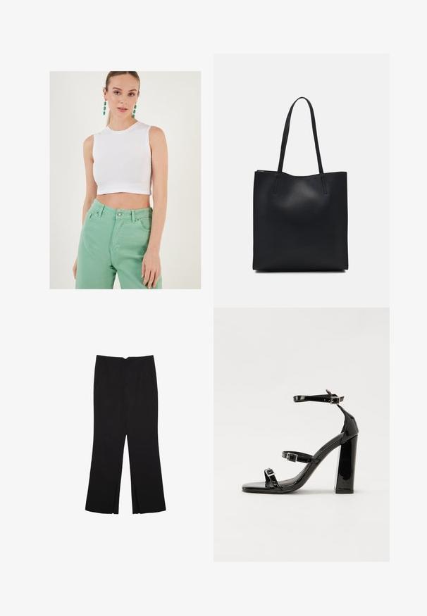 Valkoinen lyhyt hihaton paita, joka on valmistettu puuvillasta, yhdistettynä korkeavyötäröisiin mintunvihreisiin farkkuihin. Asusteessa on yksinkertainen muotoilu ja sileä pinta.; Mustat housut suoralinjaisella leikkauksella, joissa on etutaskut ja sivurei'ät helman alla. Valmistettu pehmeästä ja sileästä kankaasta. Sopii eri tilaisuuksiin.; Musta kiiltävä korkokenkä sandaalit neliönmuotoisella varpaalla, nilkkaremmillä ja hopeisilla soljilla. Varustettu tukevalla lohkokorkealla vakauden takaamiseksi.; Mustapahkainen kangaskassi, jossa on sileä pinta, suorakaiteen muotoinen ja kaksi pitkää kahvaa. Ei näkyvää metalliosaa tai koristeita.