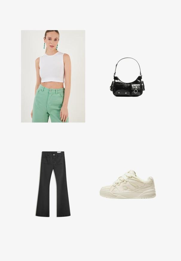 Fehér, rövid, ujjatlan pamut felső, melyet magas derekú menta zöld farmernadrággal párosítottak. Az öltözet egyszerű dizájnnal és sima textúrával rendelkezik.; Fekete, sima textúrájú farmer flare nadrág, két hátsó zsebbel és gombos derékkal.; Beige sportcipők texturált felsőrészsel, kiemelkedő fűzőkkel, hálós panelek felfogott felsőrészen és vastag talppal. Ívelt dizájn párnázott bokarésszel a kényelem érdekében.; Fekete lakkbőr kézitáska ívelt formával, egy vállpánttal, elülső zsebekkel és ezüstszínű fémrészletekkel.