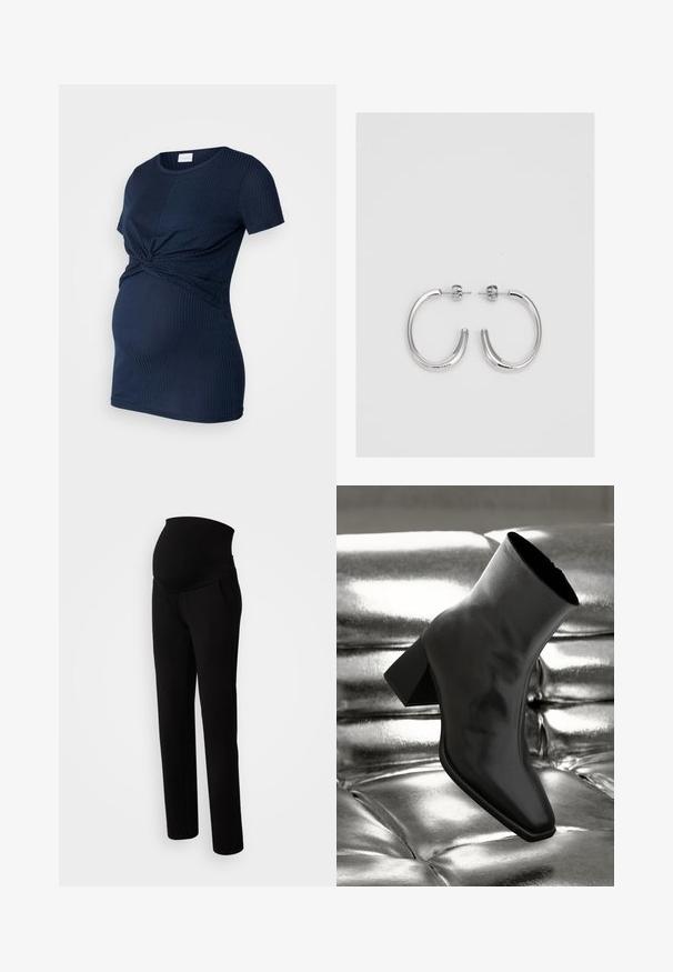 MAMALICIOUS MLANLI JUNE - Print T-shirt - navy blazer detailmelange; Maternity pants in black, featuring a stretchy waistband for comfort, side pockets, straight leg design, and soft fabric texture.; Black ankle boot made of glossy material with a square toe and tapered heel, set against a shiny silver tufted background.; Silver hoop earrings with a smooth, shiny finish. Rounded shape, lightweight design, featuring a post-back closure.