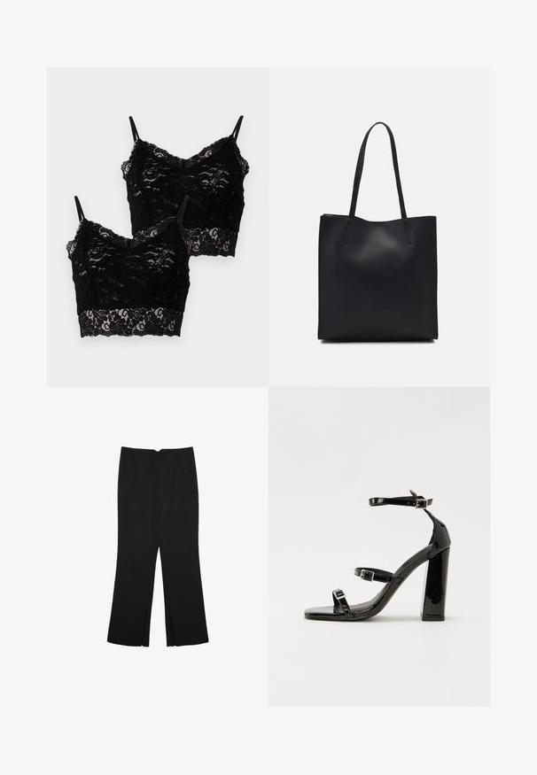 Dwa czarne koronkowe braletki z cienkimi ramiączkami, kwiatowym wzorem i falistymi krawędziami, ułożone na białym tle jedna na drugiej.; Czarne spodnie o prostym kroju, z przednimi kieszeniami i bocznymi rozcięciami na dole. Wykonane z miękkiego, gładkiego materiału. Odpowiednie na różne okazje.; Czarne lakierowane sandały na obcasie z kwadratowym noskiem, z paskami wokół kostki i srebrnymi klamrami. Posiadają masywny słupek dla stabilności.; Czarna skórzana torba tote o gładkiej fakturze, prostokątnym kształcie i dwóch długich uchwytach. Brak widocznych elementów metalowych i ozdób.