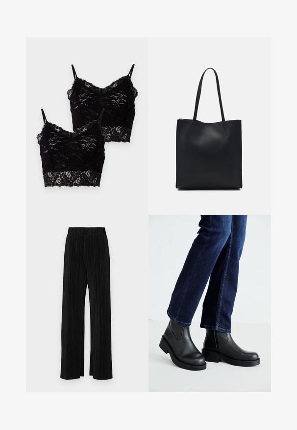 Two black lace bralettes with thin straps, floral pattern, and scalloped edges, laid overlapping on a white background.; Black pleated trousers with an elastic waistband. Features wide legs and a smooth, textured fabric with vertical stripes.; Black leather ankle boots with a chunky sole and side elastic panels, paired with dark blue jeans. The ground is light-colored.; Black leather tote bag with smooth texture, rectangular shape, and two long handles. No visible hardware or embellishments.