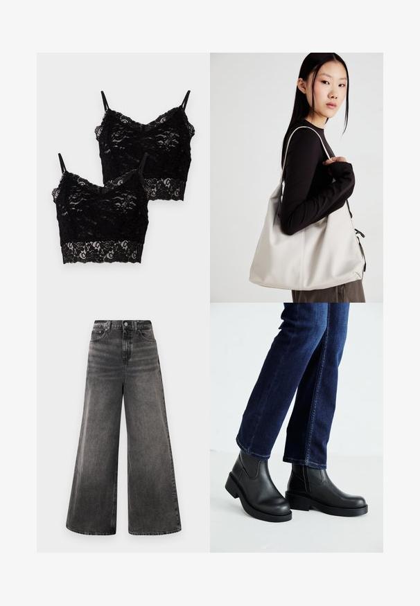 Două bralette negre din dantelă cu bretele subțiri, model floral și margini zimțate, așezate suprapuse pe un fundal alb.; Jeans negre cu croială largă din denim, cu un aspect decolorat, design cu cinci buzunare și închidere cu nasture la talie, având accente cusute.; Bocanci negri din piele cu tălpi groase și panouri elastice pe laterale, asortați cu blugi de culoare bleumarin. Solul este de culoare deschisă.; Geantă bej din material moale, cu un design lejer, detalii cusute și două bretele pentru umăr. Potrivită pentru utilizarea zilnică.