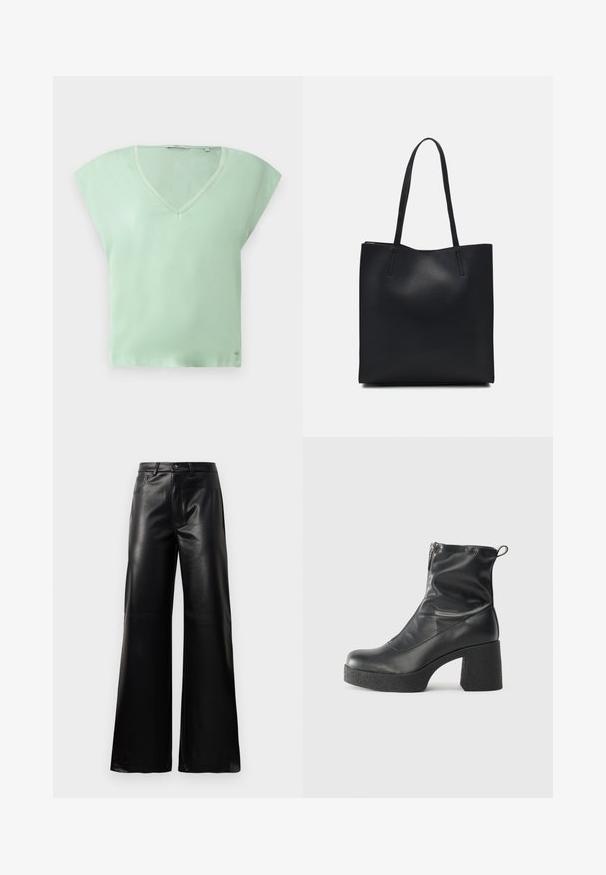 Mintgrønn V-hals T-skjorte med korte, vide ermer, en avslappet passform og en glatt tekstur. Lite logo detaljer nær sømmen.; Sorte høy midje vide ben bukser i imitert skinn med knapp foran, glidelås, beltehemper og sidelommer på hvit bakgrunn.; Svarte ankelstøvler laget av glatt lær, med glidelås på siden, chunky strukturert hæl, og rund tå-design.; Svart lær tote bag med glatt tekstur, rektangulær form og to lange håndtak. Ingen synlige deler eller dekorasjoner.