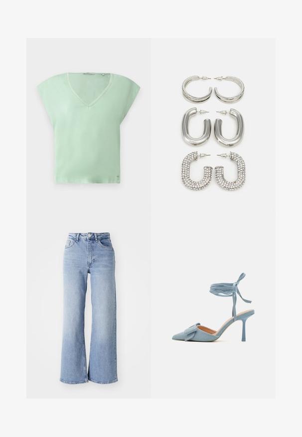 Mint green V-neck t-shirt featuring short, wide sleeves, a relaxed fit, and a smooth fabric texture. Small logo detail near the hem.; Light blue high-waist wide-leg jeans with front and back pockets, button closure, and subtle fading on the thighs and hems.; Pointed-toe high heel shoe in light blue fabric with a textured finish, featuring a bow accent and ankle strap for secure fit.; Four pairs of silver earrings: two shiny smooth hoop designs, one textured, and one covered in small clear rhinestones.