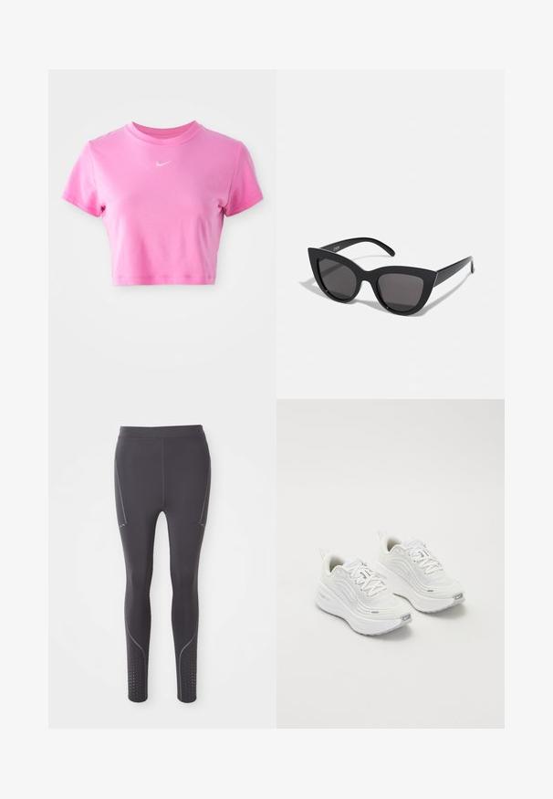 Růžové zkrácené tričko vyrobené z měkké bavlny, s krátkými rukávy, kulatým výstřihem a decentním bílým logem Nike na hrudi.; Černé sportovní legíny vyrobené z elastické tkaniny, s jemnými šedými akcenty, bočními panely a perforovanými vzory na kotnících.; Bílé sportovní boty s texturovaným síťovým svrškem, polstrovanou podešví a jemnými šedými akcenty. Obsahují branding a smyčku na patě pro snadné obouvání.; Černé sluneční brýle ve stylu kočičích očí s matným povrchem, vybavené šedými zabarvenými skly, ostrými liniemi a elegantními bočními rameny. Název značky viditelný na vnitřní straně ramene.