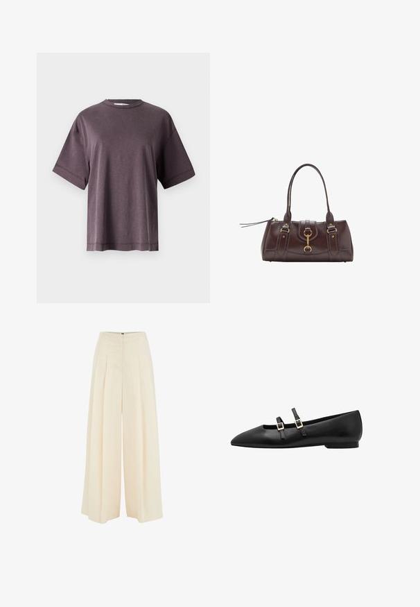 Fialové tričko s kulatým výstřihem, krátké rukávy, vyrobené z měkké tkaniny s volným střihem. Má jednoduchý design a čisté švy podél lemu.; Široké kalhoty z lehkého béžového materiálu, s plisovaným předním designem, vysokým pasem a hladkým povrchem. Žádné viditelné kování nebo vzory.; Černé kožené ploché boty s špičatou špičkou, které mají dva černé popruhy a zlaté čtvercové přezky. Hladký povrch a nízký profil podešve.; Tmavě hnědá kožená kabelka s dvěma horními držadly, zlatými kováními, detailním předním zapínáním a prošívanou texturou na bocích.