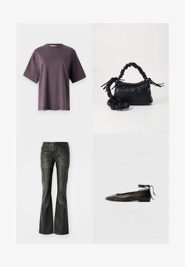 Lilla crew-neck t-shirt, korte ærmer, lavet af blødt stof med en afslappet pasform. Har et enkelt design og ren syning langs kanten.; Sorte faux læder flared jeans med forlommer, en metalknaplukning og en let tekstureret overflade. Ret ben med en lang skæring.; Sorte læder ballerinaer med spids tå, ankelbinding og flad sål, der har en glat tekstur og minimalistisk design.; Sort kunstlæder håndtaske med krokodilteksur, indsnøret top og en sammenkrøben rem. Ser blød og kompakt ud i designet.