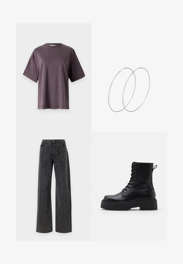Lilla crew-neck t-shirt, korte ærmer, lavet af blødt stof med en afslappet pasform. Har et enkelt design og ren syning langs kanten.; Noisy May NMJANNEL LOOSE - Jeans Relaxed Fit - black denim; Sorte læder ankelstøvler med rund tå, snørebånd foran og en tyk gummisål med struktureret slidbane. Hæfteløkke bagpå.; Sølvøreringe med et minimalistisk design. Cirkulær form, glat tekstur og tynd profil. Letvægtige med en poleret overflade.