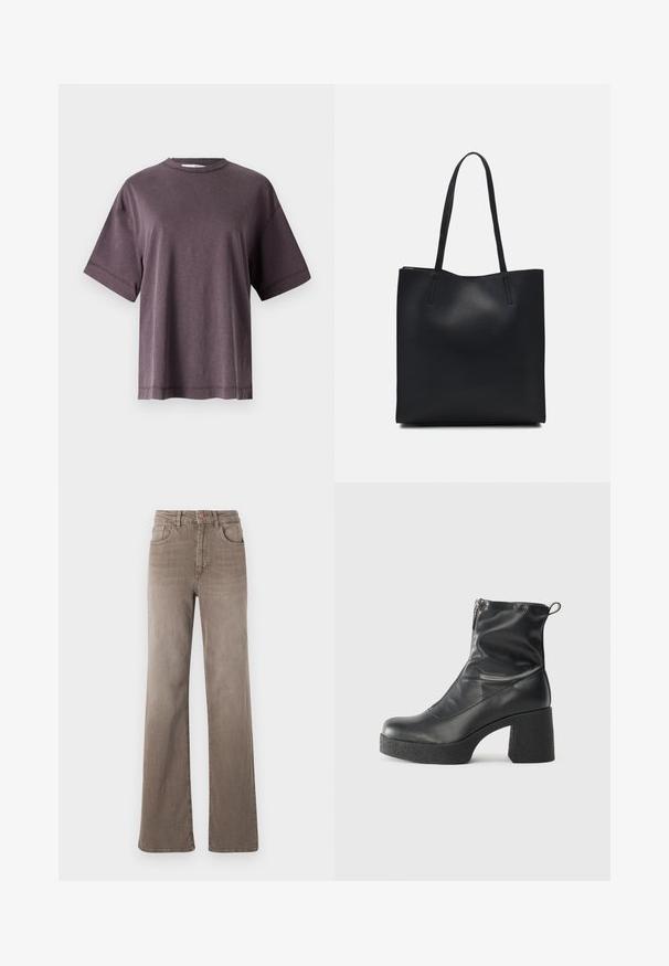 Fialové tričko s okrúhlym výstrihom, krátkymi rukávmi, vyrobené z mäkkej tkaniny s voľným strihom. Má jednoduchý dizajn a čisté švy pozdĺž lemu.; Hnedé high-waist rovné džínsy so zapínaním na prednej strane, pútkami na opasok a klasickým dizajnom s piatimi vreckami na bielom pozadí.; Čierne členkové topánky z hladkej kože, so bočným zipsom, robustnou textúrovanou pätnou časťou a zaobleným dizajnom špičky.; Čierna kožená taška na rameno s hladkým povrchom, obdĺžnikovým tvarom a dvoma dlhými uchami. Bez viditeľného kovania alebo ozdôb.