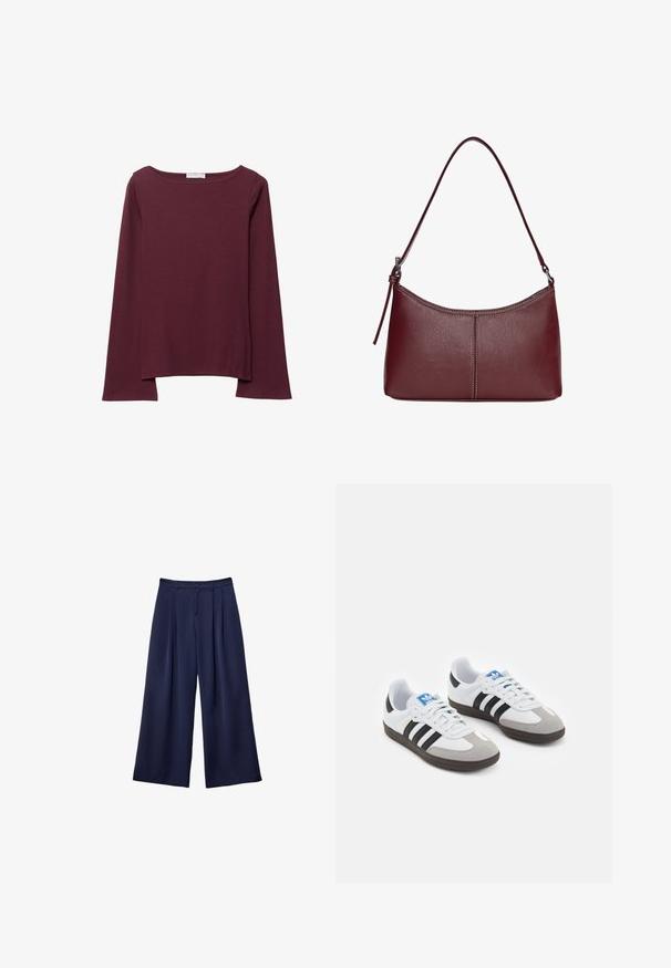 Bordo majica dugih rukava izrađena od mekog materijala, s širokim okruglim izrezom i blago zakrivljenim rubom za opušteni fit.; Tamnoplave široke hlače s plitkim naborima, s gumbom u struku i petljama za remen, prikazane ravno na bijeloj pozadini.; Sportske cipele s gornjištem od bijele kože, sivi suedinasti nos i tri crne pruge. Imaju plavi logo na jeziku i teksturiranu gumenu podlogu.; Bordo kožna torba s zakrivljenim oblikom, jednim remenom za rame i šivenim detaljima na sredini. Glatka tekstura, minimalni dodaci.