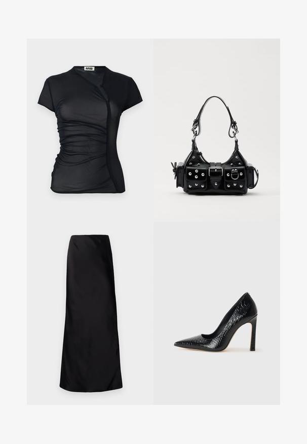Juodas, trumpomis rankovėmis viršus, pagamintas iš permatomo audinio su apvyniojimo dizainu, turintis surinktos tekstūros šoninėse dalyse ir mygtuko uždarymą kaklo srityje.; Norma Kamali BIAS OBIE SKIRT - Maksi sijonas - black; Juoda smailiakulnė aukšto kulno bateliai su krokodilo odos tekstūra, pasižymintys elegantišku dizainu, aukštu stiletu kulnu ir lygia juoda vidine dalimi.; Juodas odinis rankinukas su kreiviu dizainu, su sidabro spalvos knopkėmis, užsegimu ir dviem šoninėmis kišenėmis. Reguliuojama dirželis nešimui.