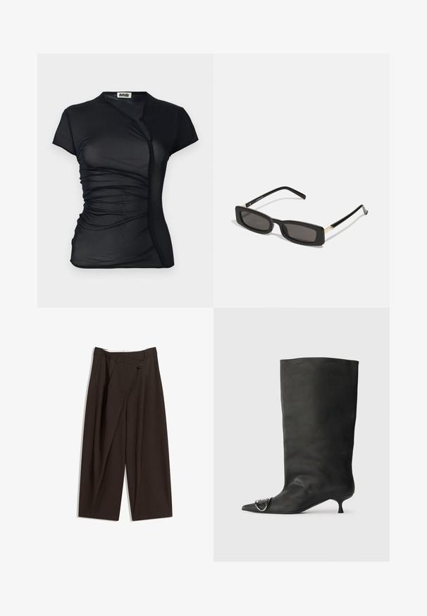 Black, short-sleeve top made of sheer fabric with a wrap design, featuring gathered texture on the sides and a button closure at the neckline.; Dark brown wide-leg trousers with a high waist, featuring a single button closure and a pleated front. Made from lightweight fabric.; Black leather ankle boot with a pointed toe, small heel, and metallic accent detail on the toe. Smooth, matte texture throughout.; Black rectangular sunglasses with dark lenses, glossy plastic frames, and gold accents on the temples. Minimalist design and sleek shape.; Dark brown shiny leather shoulder bag with gathered top and thin adjustable strap, featuring a small silver-tone clasp detail on front.