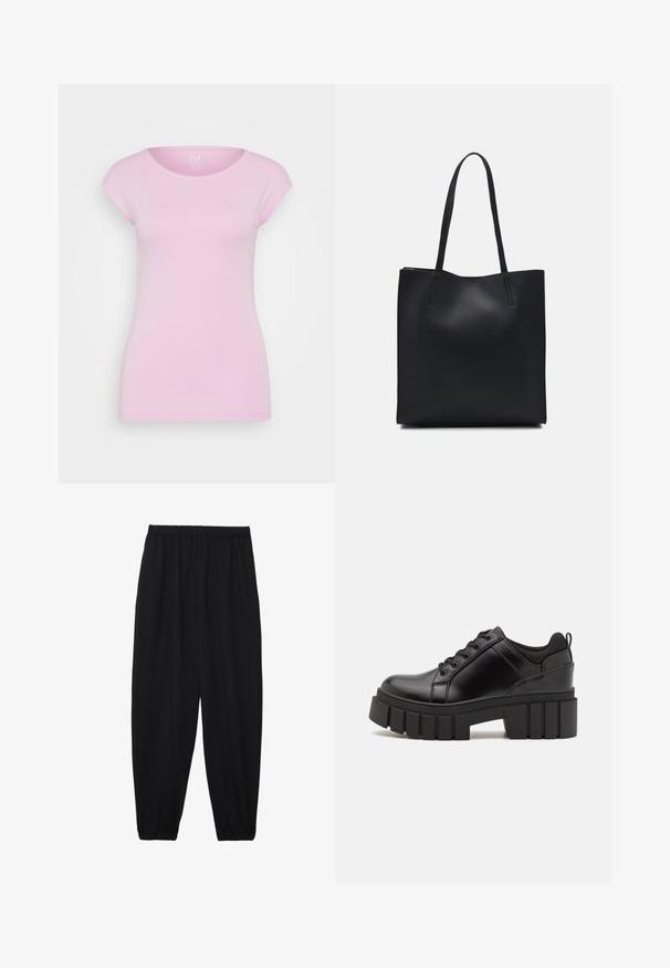 GAP BATEAU - Basic T-shirt - sugar pink; Black, lightweight pants with an elastic waistband and gathered ankles. The fabric is smooth and features a relaxed, tapered design.; Black leather platform shoes with a chunky block heel, round toe, and traditional lace-up design. Features smooth texture and minimal detailing.; Black leather tote bag with smooth texture, rectangular shape, and two long handles. No visible hardware or embellishments.