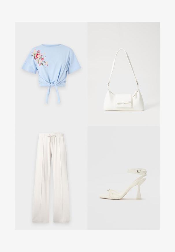 Light blue cropped t-shirt with a round neckline and short sleeves, featuring floral embroidery in pink and yellow on the left side and a tied knot detail.; Light beige sweatpants made of soft fabric, featuring a drawstring waist, wide legs, and vertical seams, with a smooth texture.; Strappy high-heeled sandal in white leather with a sleek design, a transparent block heel, and a decorative element at the toe.; White synthetic handbag with a triangular shape, flat front flap and bow detail, adjustable strap, smooth texture, and minimalistic design.